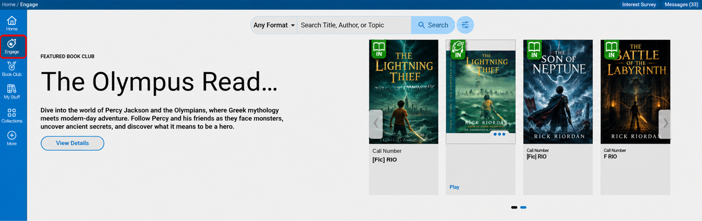 Engage homepage with Engage option highlighted.